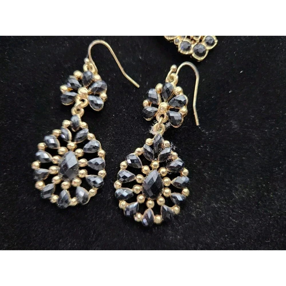 Gold‎ Tone Black Floral Beaded Statement Necklace Clasp Bracelet Earrings